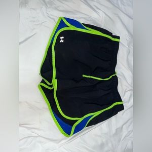 Under Armour black with blue and green detailed athletic shorts.